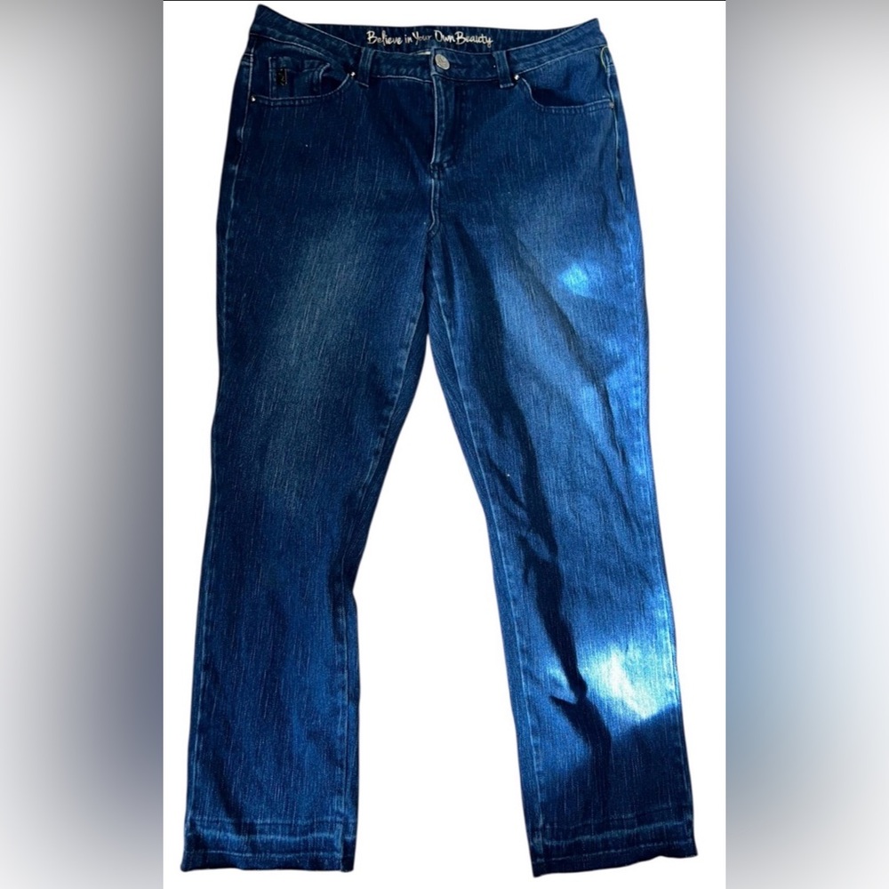 Belle by Kim Gravel Jeans Size 10P Petite Dark Wash Raw Hem "Believe" Detail